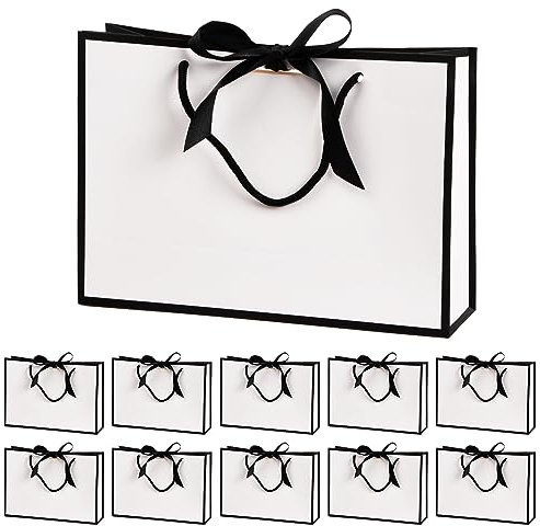 Geschenktüten mit Schleifenbändern 10 Stück Geschenktaschen aus Papier Einkaufstüten 28 x 10 x 20 CM Bogen Taschen für Geburtstag Hochzeit Feier Weihnachten, Weiß + Schwarz
