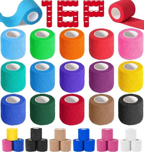 AZEN 16 Pack Self Adhesive Bandage Wrap, 2 X 5 Yards Elastic Cohesive Bandage Wrap, Color Athletic Tape, Vet Wrap, Ankle Tape