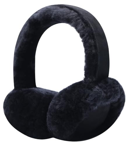 Harssidanzar cache-oreilles en fourrure véritable pour hommes et femmes en peau de mouton pliables, cache-oreilles d'extérieur, HU301EU,Noir