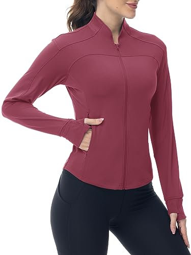 YSENTO Damen Sportjacke Laufjacke Funktionsjacke Wanderjacke Leicht Langarm Yoga Gym Sport Oberteil Atmungsaktive mit Daumenloch(Rot,XXL)