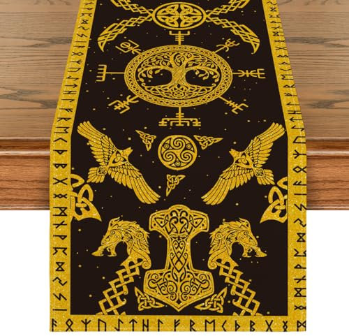 Artoid Mode Wikinger Wolf Odin Raben Baum des Lebens Tischläufer, Saisonnal Küche Tisch Dekoration Drinnen Urlaub Party Dekor 40x180 cm