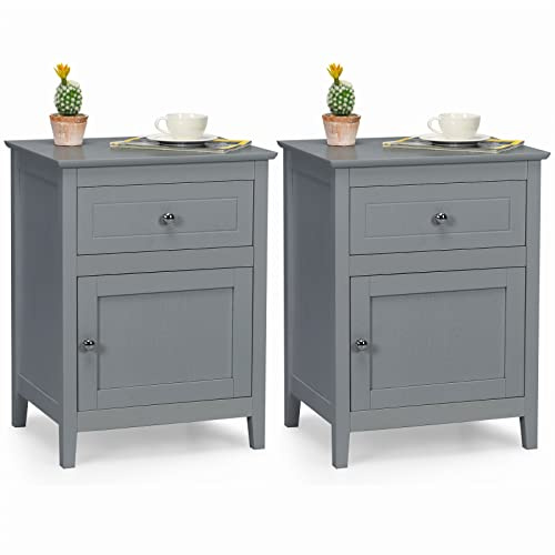 KOMFOTTEU Nachttisch aus Holz, Beistelltisch mit 1 Schublade & 1 Schrank, Sofatisch Nachtkommode für für Schlafzimmer, Wohnzimmer (Grau, 2 Stück)