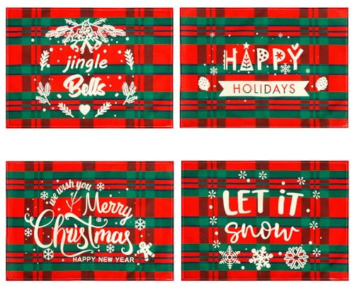 4 Pezzi Tovagliette Natalizie, Tovaglietta Scozzese Rossa e Verde 32 x 45 cm Motivi Elementi Natalizi e Testo Biancheria Tovagliette Invernali Decorazioni da Pranzo Cucina Feste