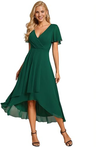 Ever-Pretty Robe D'Invité Jupe Trapèze Col en V Manches Volantées Robe Femme Chic Et Elegant Belle Robe Soirée Vert Foncé 42