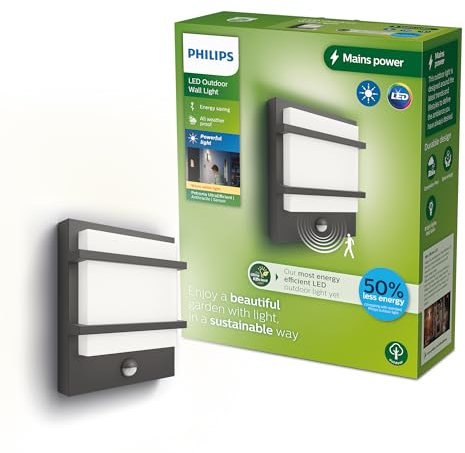Philips Outdoor Ultra-Efficient Petronia Wandleuchte 3,8W, Bewegungssensor, 2700 Kelvin, IP44 wetterfest, anthrazit