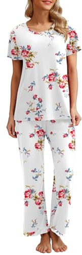PrinStory Womens Pajama Set Short Sleeve Sleepwear Ladies Soft Pjs Lounge Set With Pockets Floral Print Nightwear (Rose White, M)