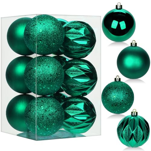 12 palline di Natale con cordini, 80 mm, verde scuro, in plastica infrangibile, da appendere, ciondoli per albero di Natale, per casa, feste, matrimoni, vacanze