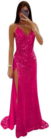 Robe de soirée formelle à bretelles spaghetti et paillettes pour femme, rose vif, 36