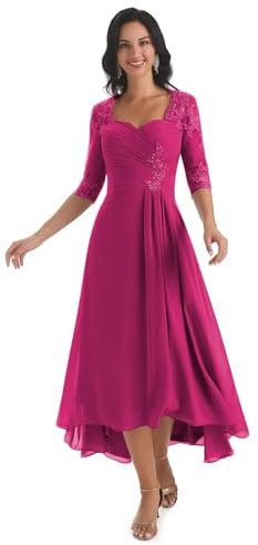 UMLXYER Mutter Der Braut Kleider FüR Frauen RüSchenäRmel Chiffon Abschlussball Kleider Spitzen Applikationen V-Ausschnitt Plissiertes Formelles Abendpartykleid Fuchsia XS