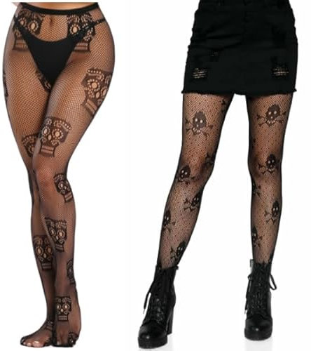 Clundoo 2 Paires Femme Collants Taille Haute Filets, Bas Résille de Squelette Tête, Sexy Élastique, Cuisse Haut Bas Collants Fishnets Tights pour Carnaval (Noir)