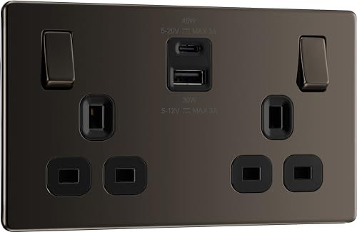 BG Electrical Double Switched Power Wall Plug Socket with Super Fast Charge Type A and C USB Ports, Screwless, Flatplate, Black Nickel, 13A, 45W, FBN22UAC45B