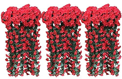 Denxahao 2 Stück Kunstblumen Veilchen Hgende Blumen Kunstblumen Hängend Künstliche Blumen an der Wand, Hängende Blumen, 85cm für Büro Zuhause Dekoration Hochzeit Party (3PCS/Rot)