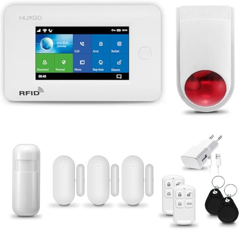 HUXGO® HXA006 Funk Alarmanlage Set WiFi + GSM mit Alarmsirene | Alarm System mit Bewegungsmelder, 3X Fensteralarm/Türsensoren | Alarmanlage fürs Haus, Wohnung, Wohnmobil | Smart Home