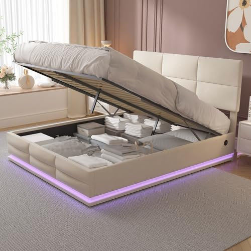 Doppelbett Polsterbett 160x200, LED Hydraulisch Stauraumbett Funktionsbett mit Großer Stauraum&Aufladen USB, Bett Jugendbett Bettgestell mit Verstellbares Kopfteil&Lattenrost, Samt,Ohne Matratze,Beige