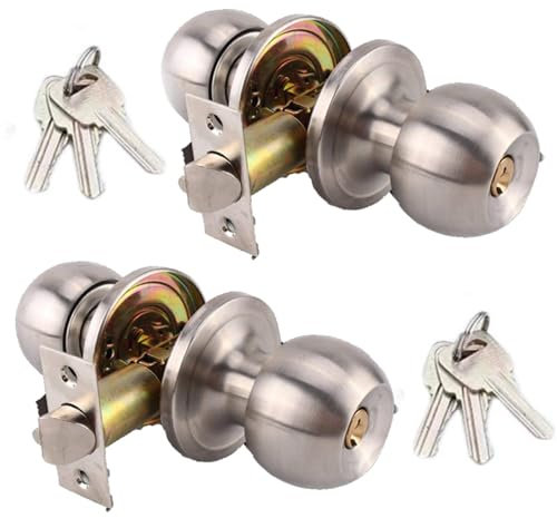 2Pack Stainless Steel Entracne Passage Door Handle Lock Knobs Lockset, Ball Door Handle with Keys - Key Locking - Copper Lock Core