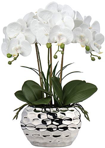 Oairse 44CM Orchid Artificial Flowers White Orchid Flowers in Silver Ceramic Pots Real Touch Silk Flower Large Faux Phalaenopsis for Home Kitchen Office Living Room Table Centerpiece Decoration