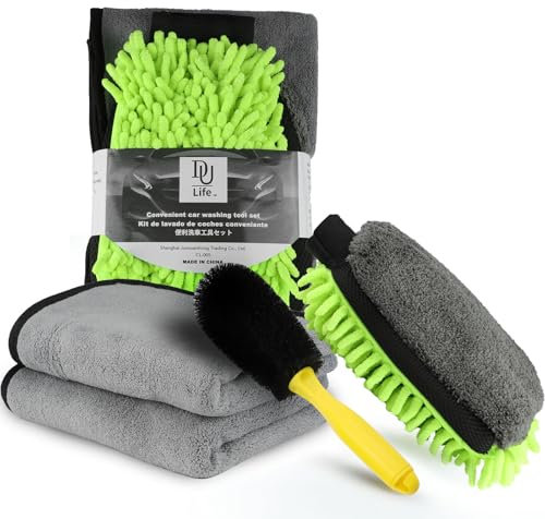 DU Life Kit Nettoyage Voiture 4 PCS, Dont 2 Serviette De Lavage De Voiture, Brosse Nettoyage Jantes, Gant de Lavage en Microfibre Chiffon Kit d'entretien, Nettoyage Ménager Et Lavage De Voiture