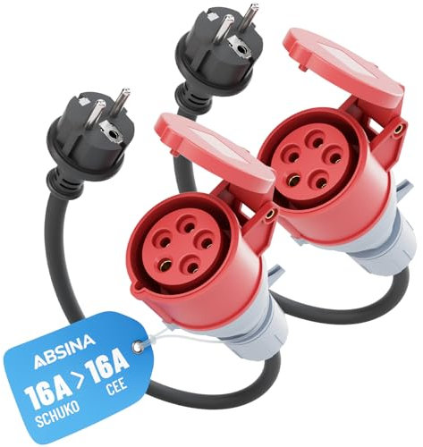ABSINA 2x Adapter Schuko Stecker auf CEE Kupplung - Schuko auf CEE 16A 5-polig mit 60 cm Kabellänge & IP44 Schutz - Schuko auf CEE als Elektroauto Zubehör – Adapter 230V