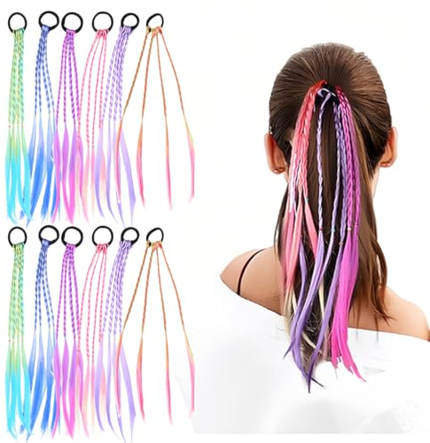 ZKGYUS 12 ciocche di capelli colorate per bambini, intrecciate, con corda elastica, per trecce di capelli