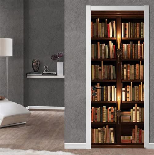 FLFK 3D Retro Bookshelf Door Sticker Peel and Stick 85x215cm,self-Adhesive Door Wraps Murals Fridge Wallpaper PVC Poster Decal for Bedroom Decor(2Pcs/Set)