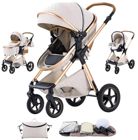 Shineey kinderwagen 3 in 1 Buggy Babybett Komplett Set Einem Klick Zusammenklappbarer Kinderwagen, 3 in 1 KombiKinderwagen Aluminiumrahmen für Neugeborene