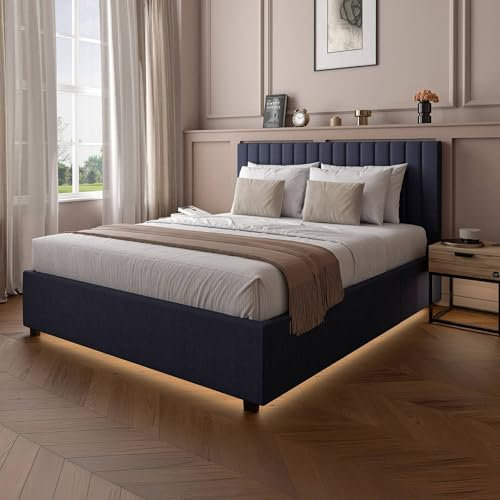 X-Rocker Maisie Velvet King Ottoman Bed Frame with Ambient Underbed RGB LED Lighting King 5ft Low Sleeper Bedstead, Upholstered Fabric Velvet BedFrame with Storage XR LIVING - Navy Blue