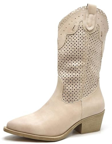 IF Fashion Cowboy Western Scarpe da Donna Stivali Stivaletti Punta Camperos Texani Etnici 6Y2200 Beige N.38