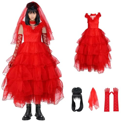 Joyincoser Lydia Deetz Kostüm für Damen, Gothic-Brautkleider, Erwachsene, Rot, Übergröße, Hochzeitskleid, Brautschleier, Perücke, Handschuhe für Halloween, Geburtstag, Party, Cosplay, Größe XL, 4