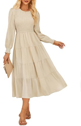 Kleid Hochzeitsgast Damen Langarm Elastischer A-line Tiered Herbst Maxikleid mit Taschen CL145-02/Aprikose L