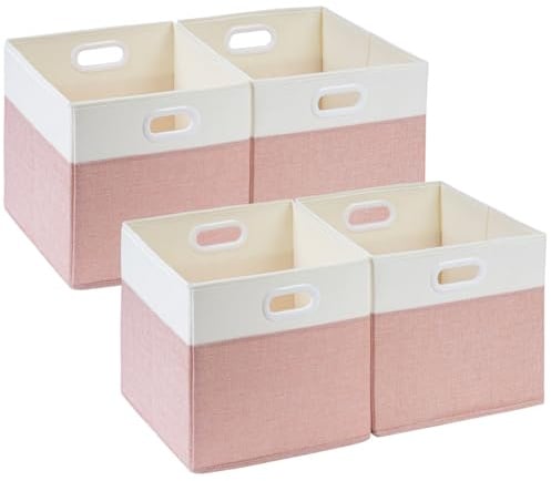 SOCOHOME Fabric Cube Storage Boxes, 30x30x30cm Foldable Storage Baskets for Shelf Nursery Closet(Pink/White, Set of 4)