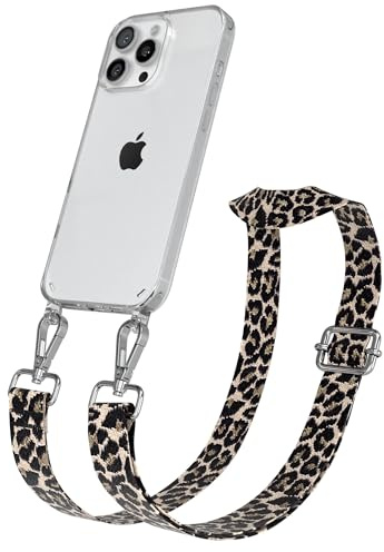 EAZY CASE Handykette - Verstellbares Taschenband kompatibel mit iPhone 16 Pro Max, Schulterriemen, Handykordel mit Silikon Hülle, Umhängetasche, Leo - Schwarz Beige Silber