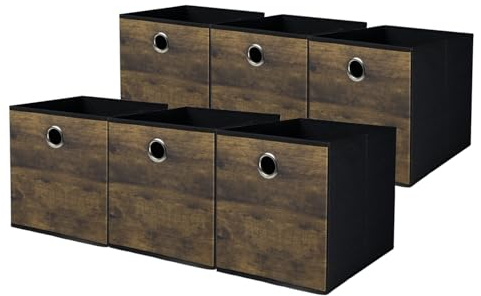 6 Pack Decorative Storage Cubes with Wood Grain Fabric Cube Storage Unit Box,Durable Home Space-saving Basket Open Storage Bin for Cubby Shelf,Livingroom,Bedroom,Nursery,Dorm,Office,32x32x32cm (Large)
