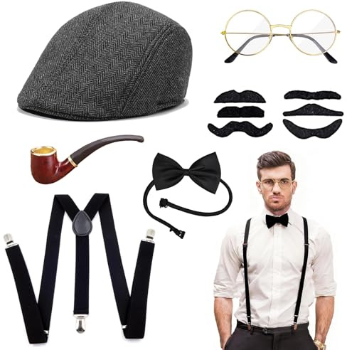 QingWing 20er Jahre Kostüm Herren, 1920er Herren Outfit mit Falscher Bart, Baskenmütze, Brille, Krawatte, Hosenträger, great gatsby accessoires, für Karneval Partys