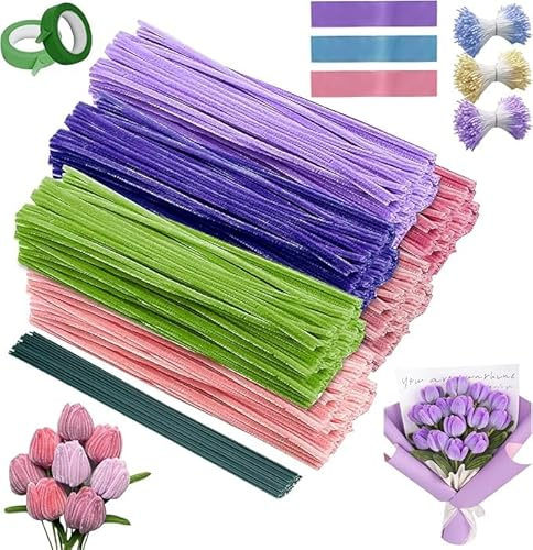 600 Pz Scovolini Colorati per Lavoretti, Pipe Cleaner Flowers Kit,6 Colori | Pipe Cleaner Flowers Tulipani Fiori Bouquet con Stami Steli,Artigianato DIY ,Regali Creativi e Decorazioni per Feste