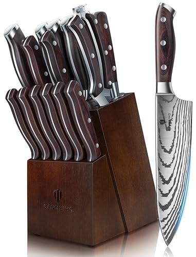 SANMEIHO 16 Pezzi Set Coltelli da Cucina con Ceppo e Affilacoltelli