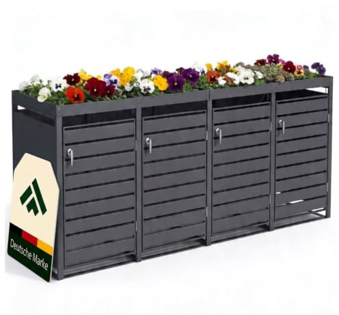 novaterra® Mülltonnenbox Metall Anthrazit für 4×240L - Mülltonnenunterstand mit Pflanzdach, integrierter Auffangkette zur Kippbegrenzung, pulverbeschichtet, wetterfest - B 260 × T 80× H 124 cm