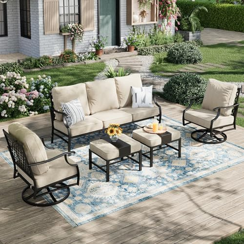 PHI VILLA Metal Garden Furniture Sets with Thickened 14.6cm Cushions, 7 Seater Outdoor Sofa with 2 Ottomans and Swivel Armchairs, Modular E-coating Patio Lounge Set for Backyard, Beige