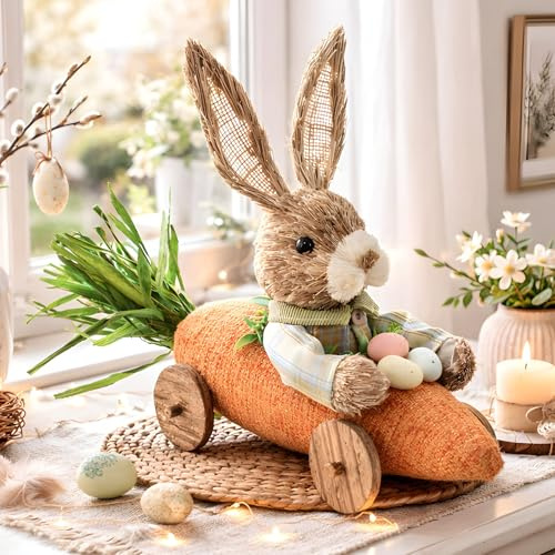 Dekoleidenschaft Dekofigur Hoppelmobil Osterhase in Karotte, Osterdeko aus Stroh & Textil, 39 cm lang, Osterfigur, Deko Ostern
