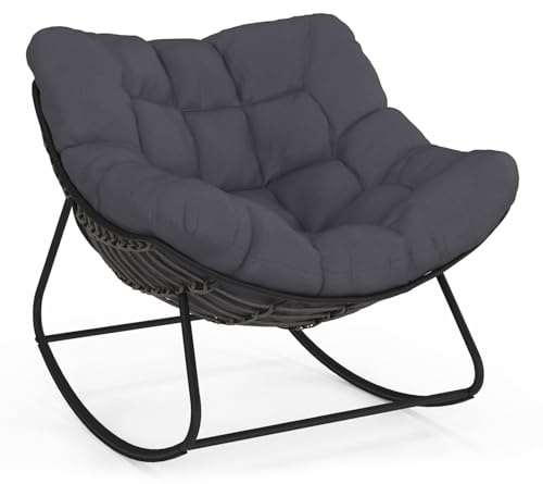 IDMarket - Fauteuil de Jardin à Bascule LOA Effet rotin Gris avec Coussin Gris
