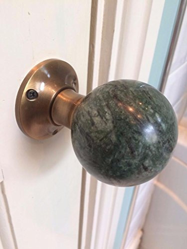 Stunning Pair of Large Marble Contemporary/Retro Round Dark Green in Colour, Antique Bronze Finish Base Plate Mortice Door Knobs/Handles MDK-02-AB