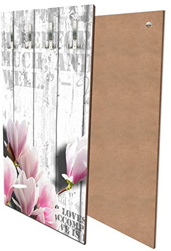 wandmotiv24 Garderobe Holz rosa Blüten Hochformat - 55x100 (BxH) - Dekorfolie Wandgarderobe, inklusive Garderoben-Haken, Kleiderhaken, Set M0540