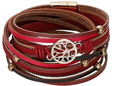 Flongo Damenarmband Frauen Armband Damen Lederarmband, Metall Leder Armband Armreif Geflochten Lederband Baum des Lebens Tree of Life Rot Surfer Wickelarmband