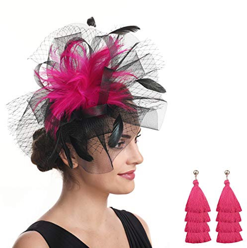 SAFERIN Fascinator mit Schmetterlings-Motiv, Kentucky Derby, für Halloween, Kostümparty, Bohemian, Hochzeit, Kopfschmuck, B-schwarz fuchsia, 1