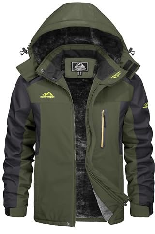 KEFITEVD Men's Winter Skiing Jacket Waterproof Outdoor Coat Softshell Windproof Hiking Jackets with Detachable Hood,Army Green,M