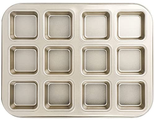 Beasea Brownie Pan with Dividers, 1 Set Gold All Edges Square Cupcake Brownie Pans 12 Cavity Mini Non Stick Baking Carbon Steel Bread Mold Small Edge 3x4 Individual Cutter Sheet Tray for Cake Oven
