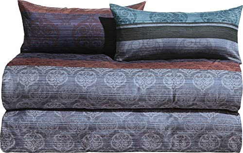 Erwin Müller Bettwäsche, Bettgarnitur 4-TLG. Sparpaket Mako-Satin Ornamente blau-braun-violett Größe 40x80 cm / 155x220 cm - feinste Baumwolle, angenehmes Schlafklima, mit Reißverschluss