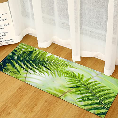 Morbuy Personalisierte Fußmatte Rutschfester Türvorleger mit 3D Pflanzendruck, Schmutzfangmatte Waschbar Fussmatte Innen Badteppiche (60x180cm,Grüner Farn)