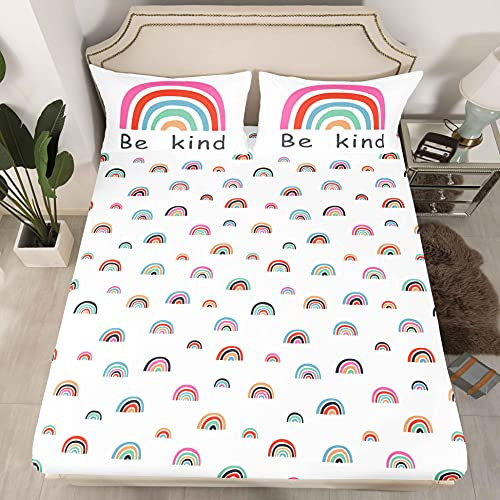 Loussiesd Kinder Netter Regenbogen Spannbettlaken 140x200cm für Mädchen Jungen Kinder Regenbogen Druck Bettlaken Set Dekorative Karikatur Bunte Muster Spannbetttuch Kissenbezug Set Mehrfarbig 2St