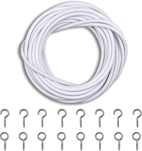 ZYBUX 2 Metres Curtain Wire with Set of 6 Hooks and 6 Eyes - Multi Purpose Voile Curtain Cord Cable for Net Curtains for Windows, Wardrobe - Curtain Wire with Hooks and Eyes - White Tension Rod Kit