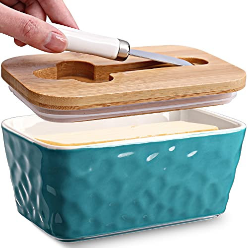 AISBUGUR Butter Dish Ceramic Butter Dish with Lid Porcelain Butter Container with Knife and Lid Upgrade Airtight Large Butter Box Unique Stone Pattern Green